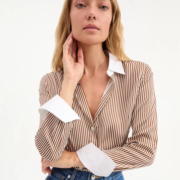NWT Veronica Beard Amelia Brown Striped Button Down Shirt - Picture 1 of 9